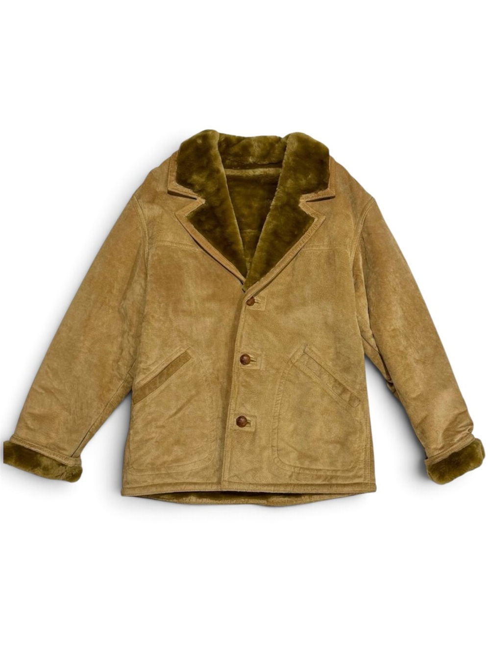 Vintage Bill Blass Leather Faux Shearling Ranch Coat Tan Large 70s 80s